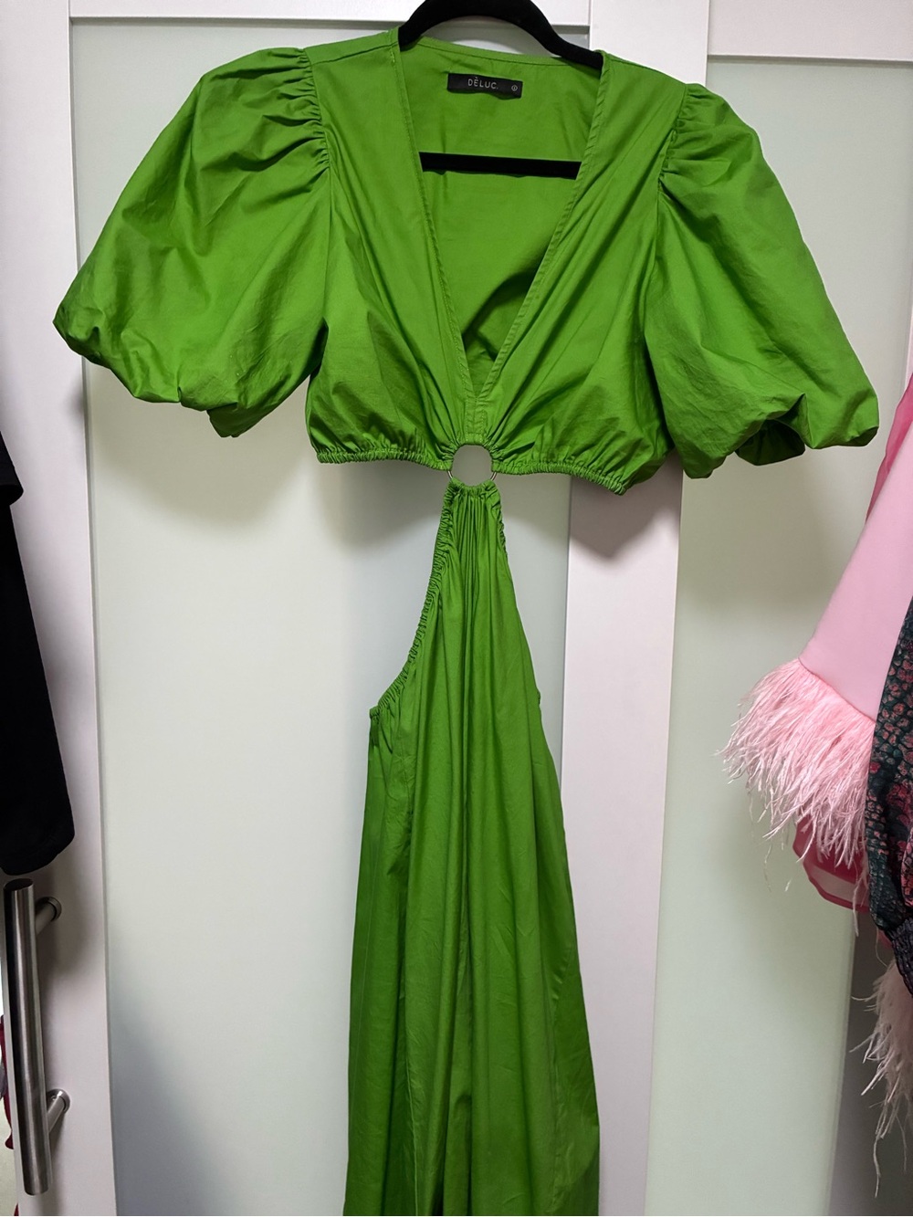 Deluc Lime Green One-Shoulder Puff-Sleeve Maxi Dress with Ring Detail